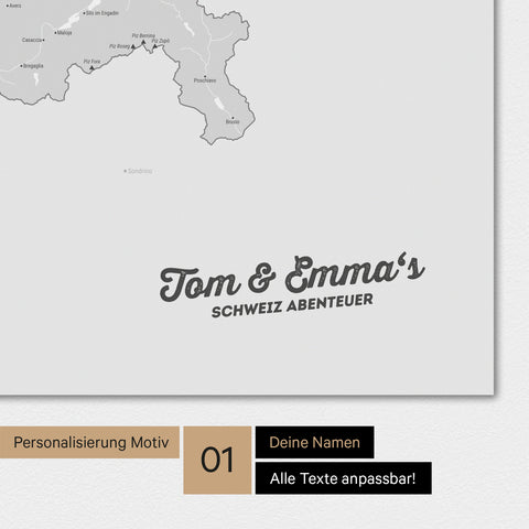 Magnetische Schweiz-Karte als Magnetboard in Multicolor Grau mit Personalisierung und eigedruckten Namen