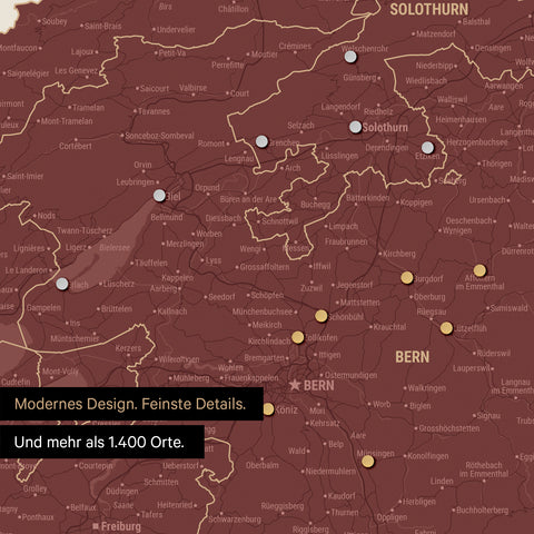 Ausschnitte einer Schweizkarte in der Region Freiburg und Thunersee in Bordeaux Rot mit 1.400 Orten