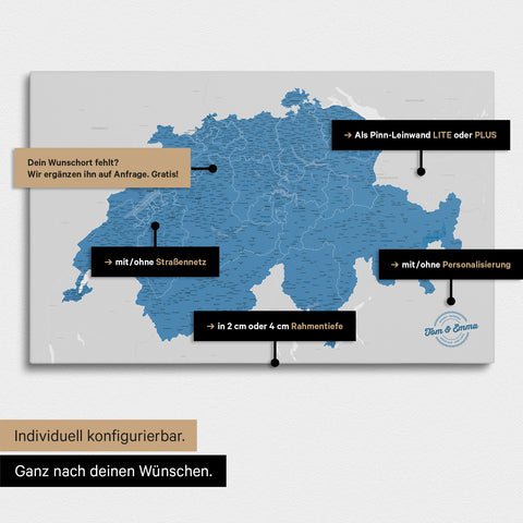 Vielfältige Konfigurationsmöglichkeiten einer Schweiz-Karte in Blau