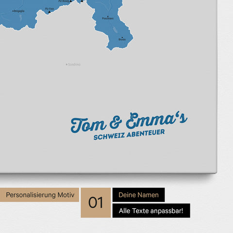 Schweiz-Karte als Pinnwand Leinwand in Blau mit Personalisierung und Eindruck mit deinem Namen