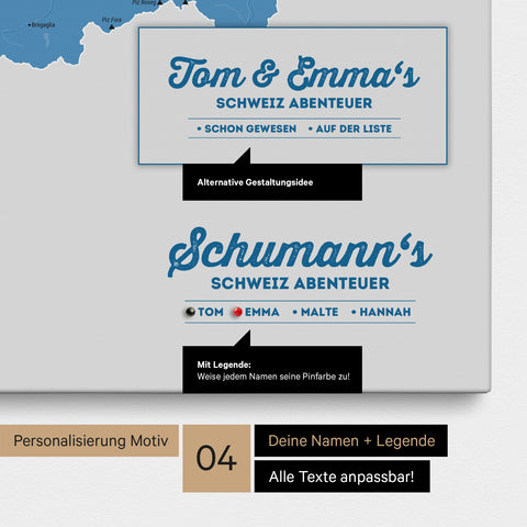 Pinnwand Leinwand einer Schweiz-Karte in Blau mit Personalisierung als Logo mit Familiennamen