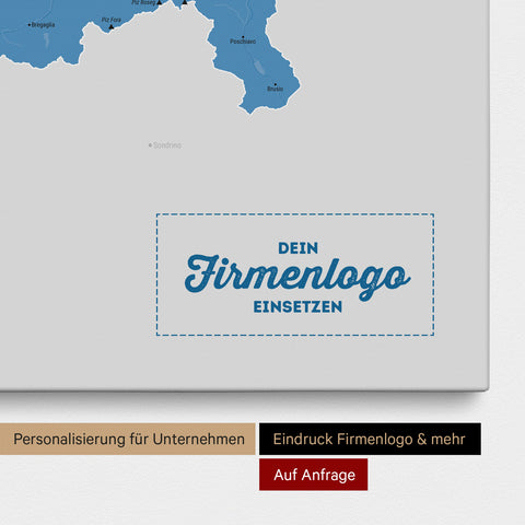 Schweiz-Karte als Pinn-Leinwand in Blau mit Eindruck eines Firmenlogos