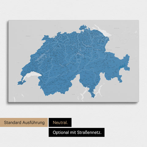 Neutrale und schlichte Standard-Ausführung einer Schweiz-Karte als Pinn-Leinwand in Treasure Blau