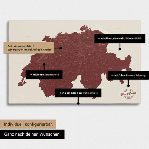 Vielfältige Konfigurationsmöglichkeiten einer Schweiz-Karte in Bordeaux Rot