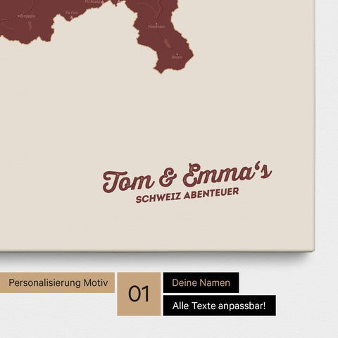 Schweiz-Karte als Pinnwand Leinwand in Bordeaux Rot mit Personalisierung und Eindruck mit deinem Namen