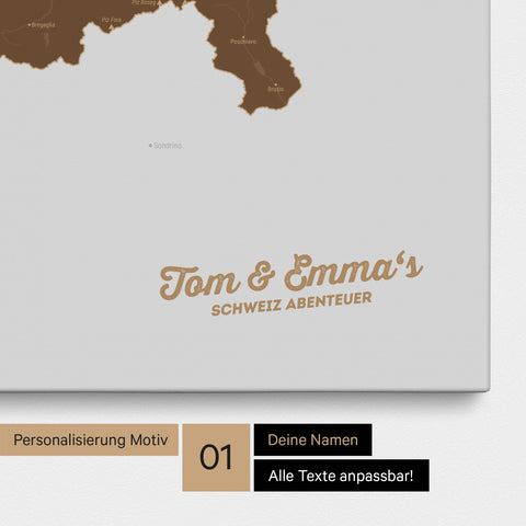 Schweiz-Karte als Pinnwand Leinwand in Braun mit Personalisierung und Eindruck mit deinem Namen