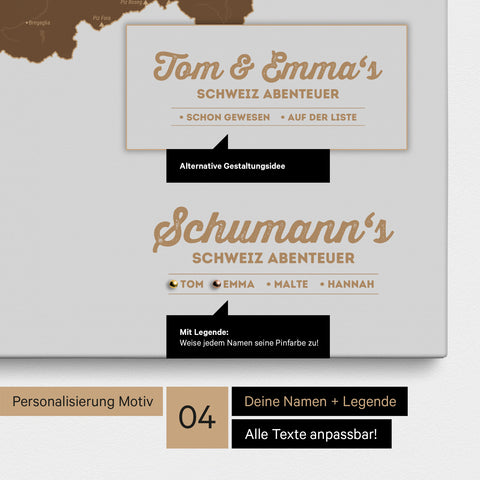 Pinnwand Leinwand einer Schweiz-Karte in Braun mit Personalisierung als Logo mit Familiennamen