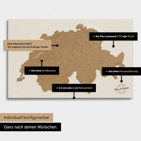 Vielfältige Konfigurationsmöglichkeiten einer Schweiz-Karte in Bronze