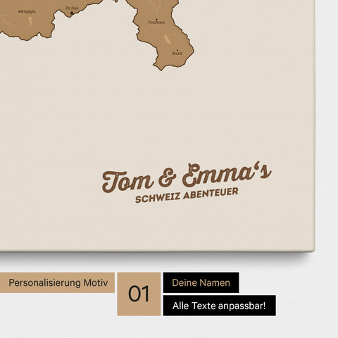 Schweiz-Karte als Pinnwand Leinwand in Bronze mit Personalisierung und Eindruck mit deinem Namen
