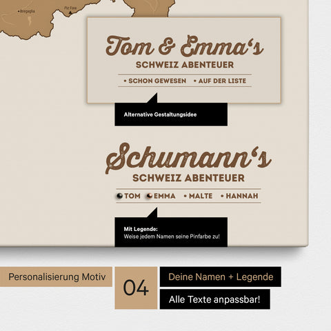 Pinnwand Leinwand einer Schweiz-Karte in Bronze mit Personalisierung als Logo mit Familiennamen