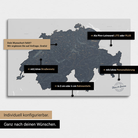 Vielfältige Konfigurationsmöglichkeiten einer Schweiz-Karte in Denim Blue