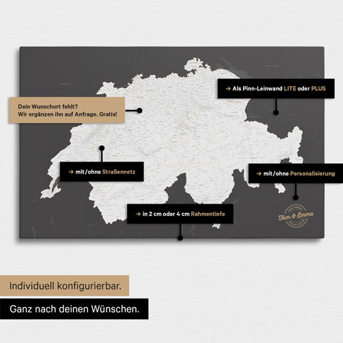 Vielfältige Konfigurationsmöglichkeiten einer Schweiz-Karte in Dunkelgrau
