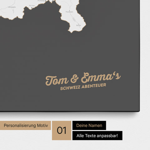 Schweiz-Karte als Pinnwand Leinwand in Dunkelgrau mit Personalisierung und Eindruck mit deinem Namen