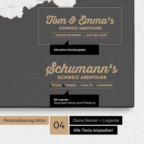 Pinnwand Leinwand einer Schweiz-Karte in Dunkelgrau mit Personalisierung als Logo mit Familiennamen