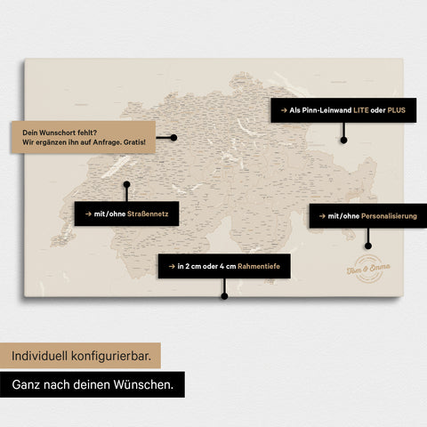 Vielfältige Konfigurationsmöglichkeiten einer Schweiz-Karte in Gold