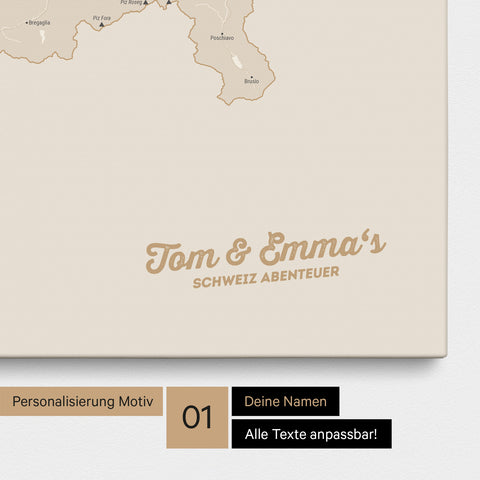 Schweiz-Karte als Pinnwand Leinwand in Gold mit Personalisierung und Eindruck mit deinem Namen