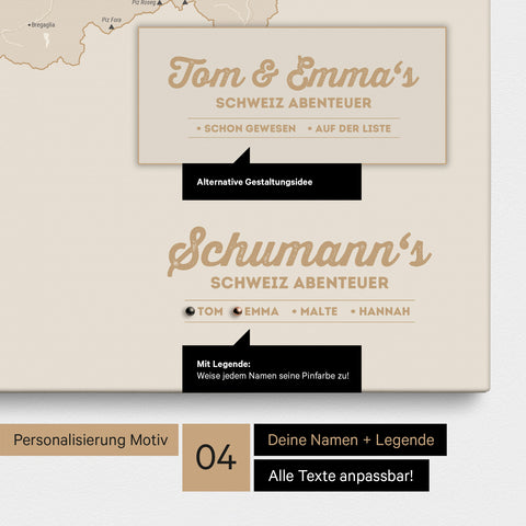 Pinnwand Leinwand einer Schweiz-Karte in Gold mit Personalisierung als Logo mit Familiennamen