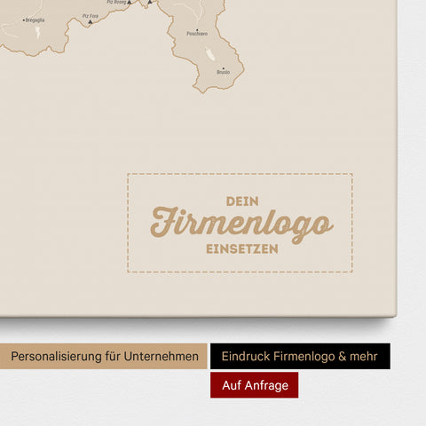 Schweiz-Karte als Pinn-Leinwand in Gold mit Eindruck eines Firmenlogos