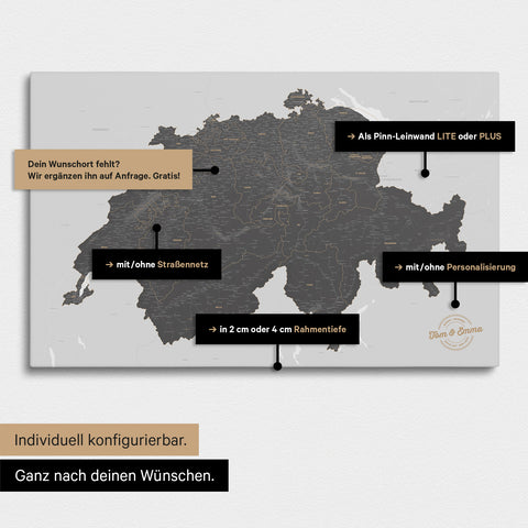 Vielfältige Konfigurationsmöglichkeiten einer Schweiz-Karte in Light Gray