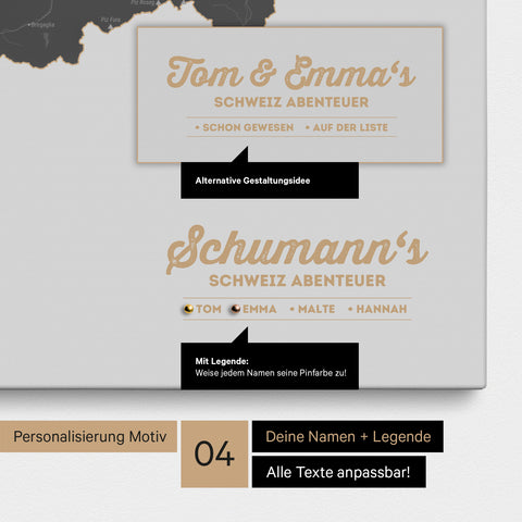 Pinnwand Leinwand einer Schweiz-Karte in Dunkelgrau mit Personalisierung als Logo mit Familiennamen