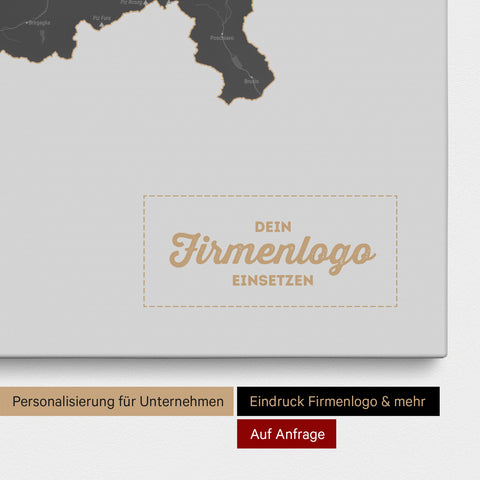 Schweiz-Karte als Pinn-Leinwand in Dunkelgrau mit Eindruck eines Firmenlogos