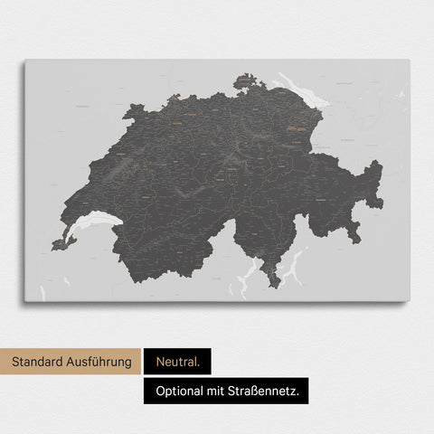 Neutrale und schlichte Standard-Ausführung einer Schweiz-Karte als Pinn-Leinwand in Treasure Dunkelgrau