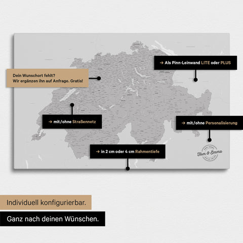 Vielfältige Konfigurationsmöglichkeiten einer Schweiz-Karte in Hellgrau