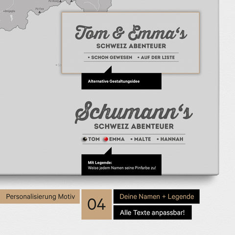 Pinnwand Leinwand einer Schweiz-Karte in Hellgrau mit Personalisierung als Logo mit Familiennamen