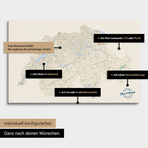 Vielfältige Konfigurationsmöglichkeiten einer Schweiz-Karte in Multicolor Classic