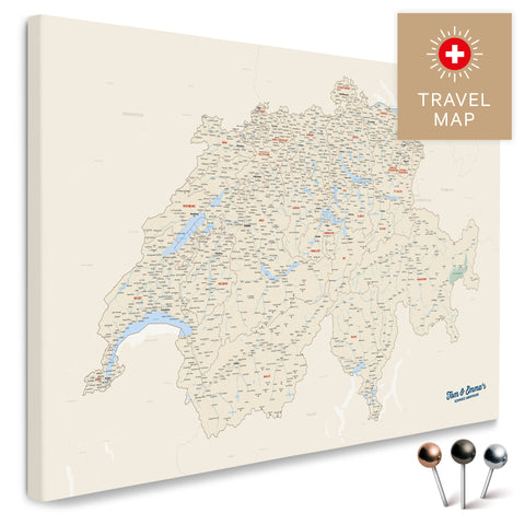 Schweiz-Landkarte in Multicolor Classic als Pinnwand Leinwand zum Pinnen und Markieren von Reisezielen kaufen