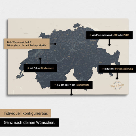 Vielfältige Konfigurationsmöglichkeiten einer Schweiz-Karte in Navy Light