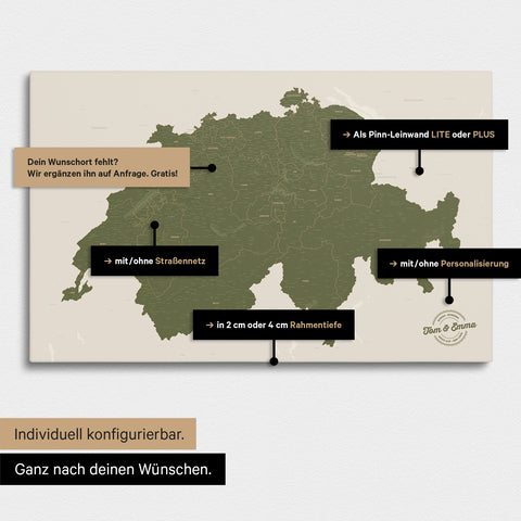 Vielfältige Konfigurationsmöglichkeiten einer Schweiz-Karte in Olive Green