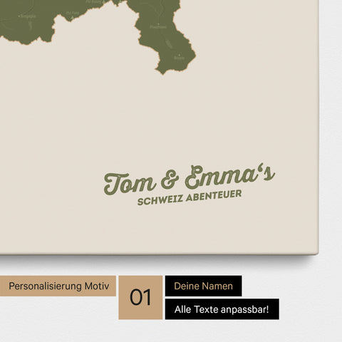 Schweiz-Karte als Pinnwand Leinwand in Olive Green mit Personalisierung und Eindruck mit deinem Namen