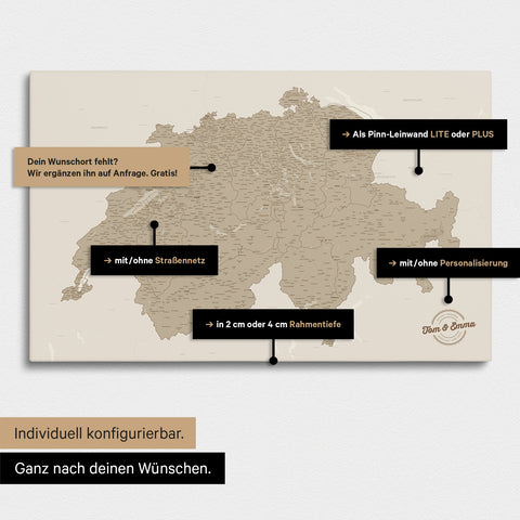Vielfältige Konfigurationsmöglichkeiten einer Schweiz-Karte in Beige