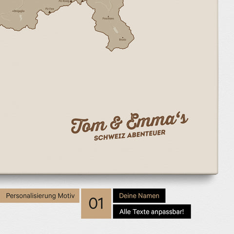 Schweiz-Karte als Pinnwand Leinwand in Desert Sand (Beige) mit Personalisierung und Eindruck mit deinem Namen