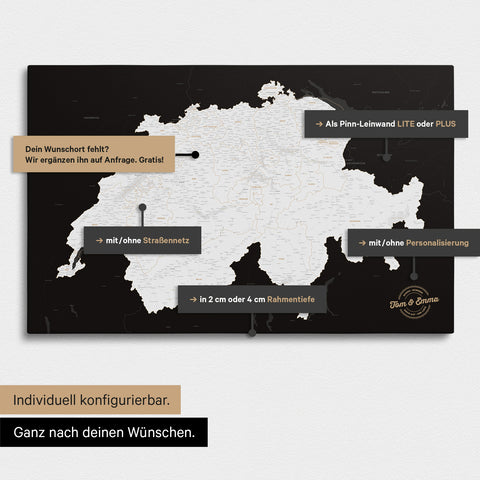 Vielfältige Konfigurationsmöglichkeiten einer Schweiz-Karte in Schwarz-Weiß