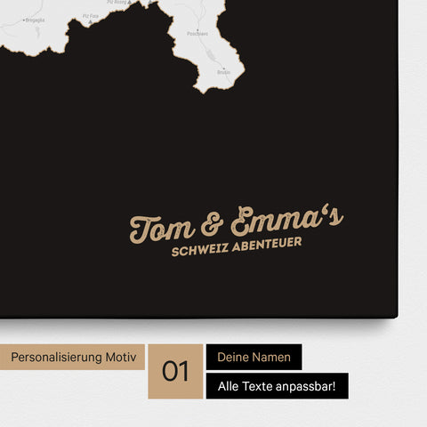 Schweiz-Karte als Pinnwand Leinwand in Schwarz-Weiß mit Personalisierung und Eindruck mit deinem Namen