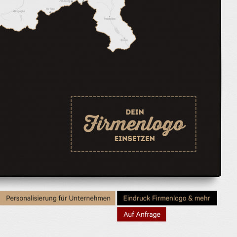 Schweiz-Karte als Pinn-Leinwand in Schwarz-Weiß mit Eindruck eines Firmenlogos