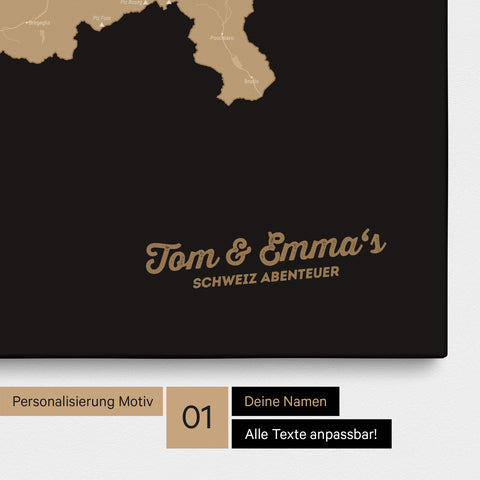 Schweiz-Karte als Pinnwand Leinwand in Sonar-Black mit Personalisierung und Eindruck mit deinem Namen