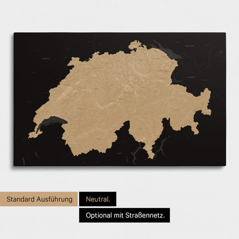 Neutrale und schlichte Standard-Ausführung einer Schweiz-Karte als Pinn-Leinwand in Treasure Sonar-Black
