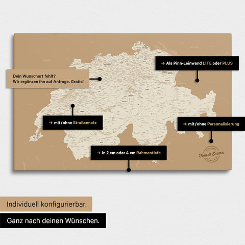 Vielfältige Konfigurationsmöglichkeiten einer Schweiz-Karte in Gold-Beige