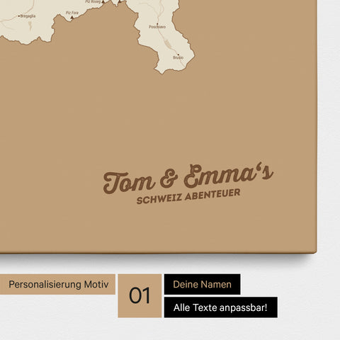Schweiz-Karte als Pinnwand Leinwand in Treasure Gold mit Personalisierung und Eindruck mit deinem Namen