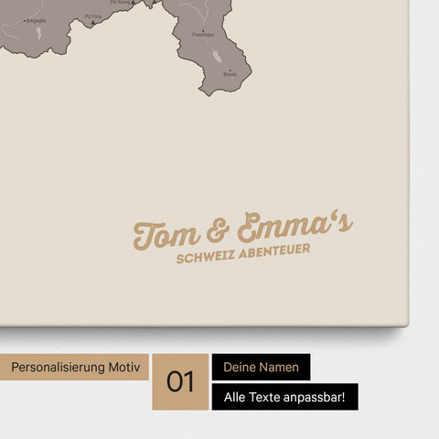 Schweiz-Karte als Pinnwand Leinwand in Warmgray (Braun-Grau) mit Personalisierung und Eindruck mit deinem Namen