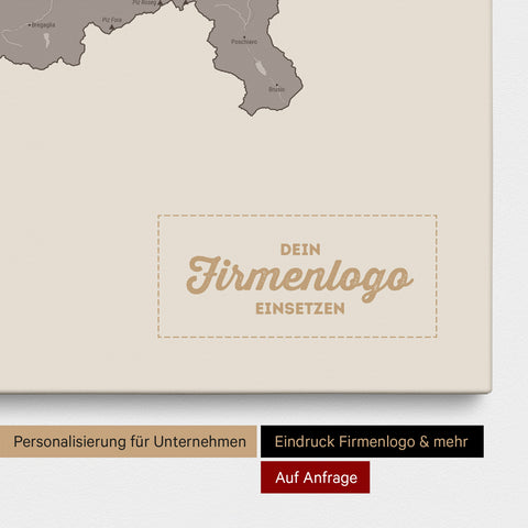 Schweiz-Karte als Pinn-Leinwand in Warmgray (Braun-Grau) mit Eindruck eines Firmenlogos