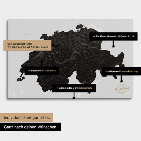 Vielfältige Konfigurationsmöglichkeiten einer Schweiz-Karte in Light Black