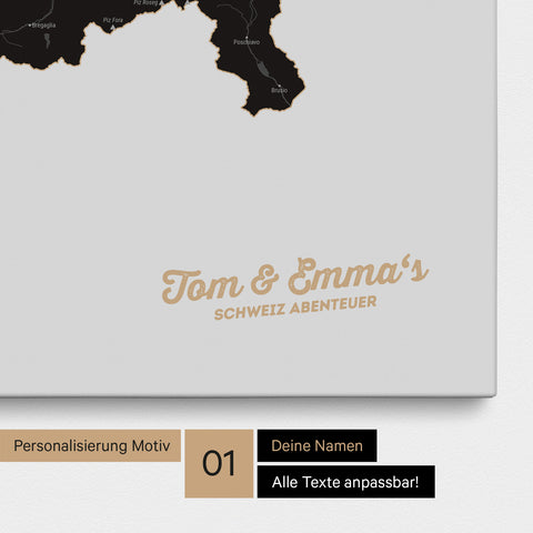 Schweiz-Karte als Pinnwand Leinwand in Light Black mit Personalisierung und Eindruck mit deinem Namen