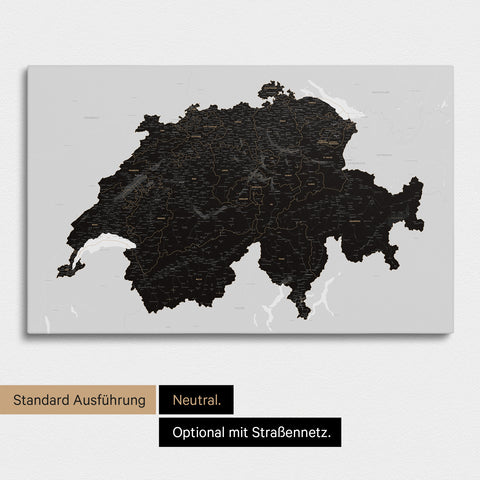 Neutrale und schlichte Standard-Ausführung einer Schweiz-Karte als Pinn-Leinwand in Treasure Light Black