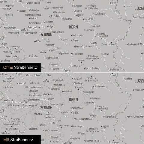 Vergleich einer Schweiz-Karte mit und ohne Straßennetz
