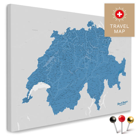 Schweiz-Landkarte in Blau als Pinnwand Leinwand zum Pinnen und Markieren von Reisezielen kaufen