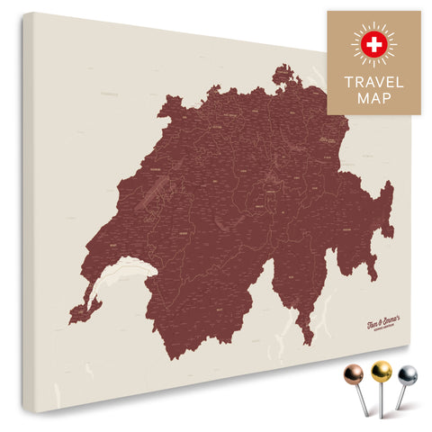 Schweiz-Landkarte in Bordeaux Rot als Pinnwand Leinwand zum Pinnen und Markieren von Reisezielen kaufen